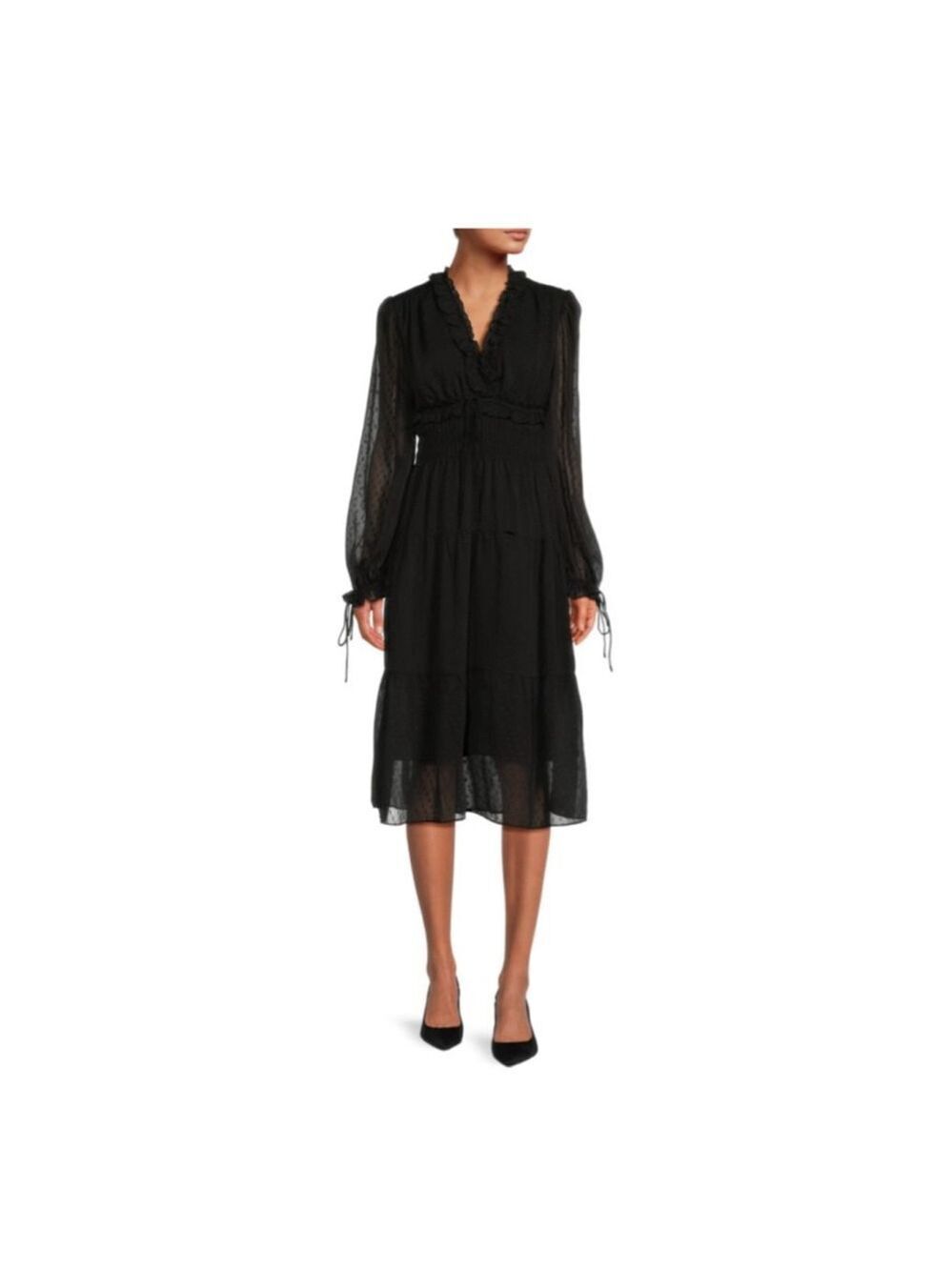 Women's Stellah Black Long Sleeve Tiered Midi Dress S